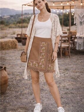 Spartina 449 Octavia 100% Linen Mini Skirt Jane with Jardinere Embroidery